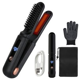 2 In 1 Ceramic Hair Straightener Flat Iron Cordless Hair Straightener Brush Hair Portable Styling Iron with Carry Bag Anti-scald Gloves 2 Hairpins (Option: HairStraightenerBlack)