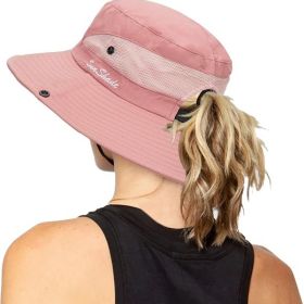 Women's Outdoor UV-Protection-Foldable Sun-Hats Mesh Wide-Brim Beach Fishing Hat with Ponytail-Hole (Color: Pure Pink)